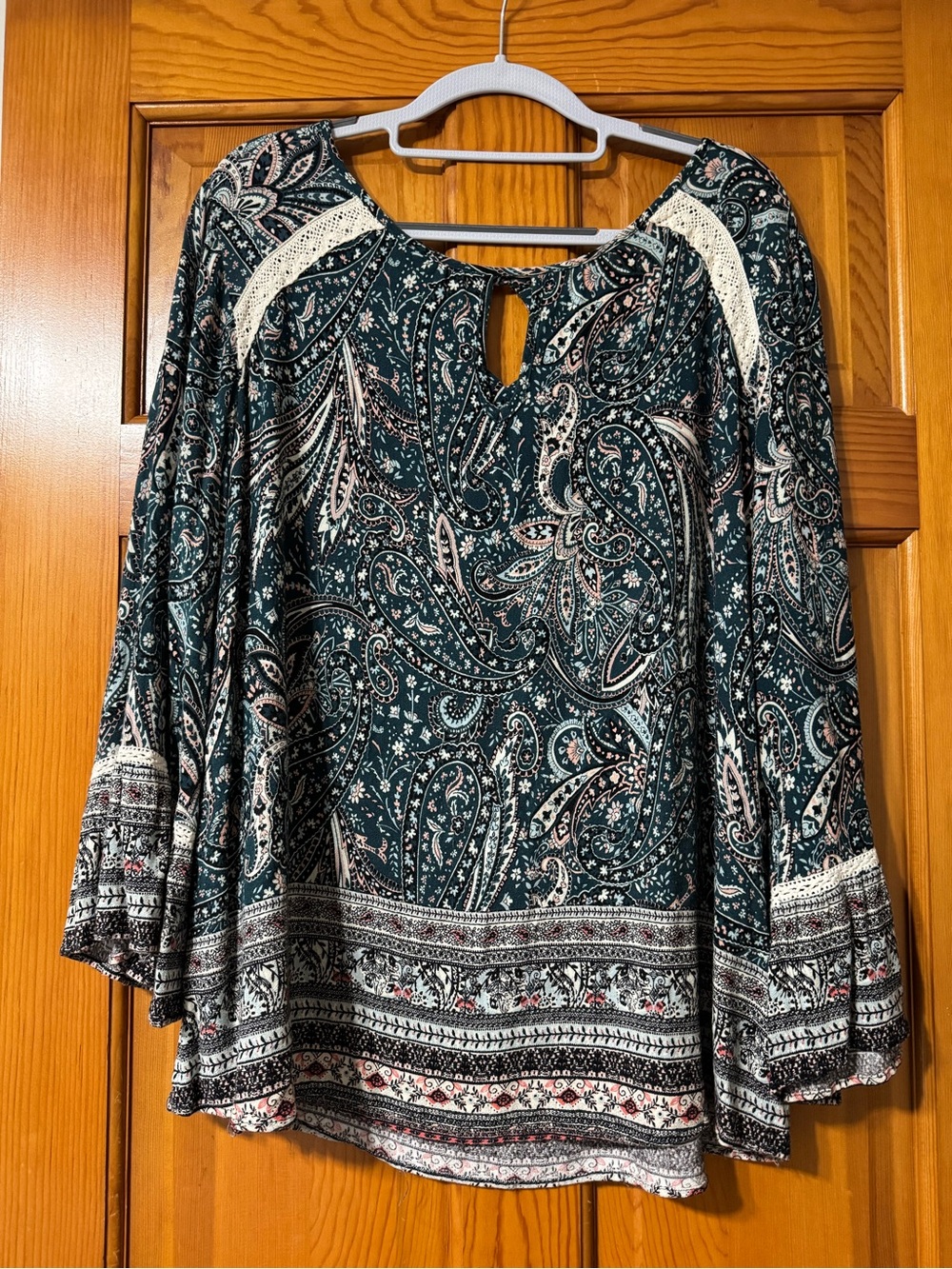 Paisley Peasant Blouse with Lace Yoke - Deep Teal
